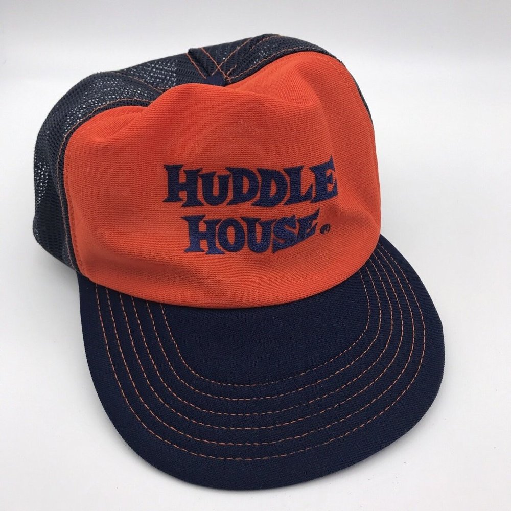 Vintage Huddle House Snap Back Hat Mesh Orange Blue Trucker Baseball Cap